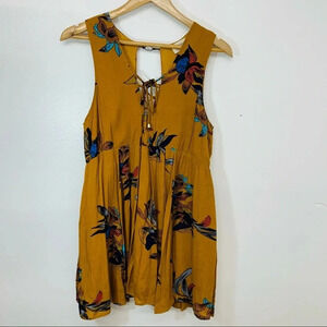 Everly Peasant Top Small Woman‎ Mustard Yellow Floral Cut Out Back Boho Flowy